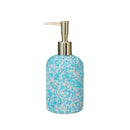 Set of six colored SUUMEE 380ml dispensers arranged in a lifestyle bathroom setting