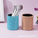 Front view of white leather desk organizer with sparkling rhinestone trim