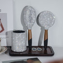 Elegant Wooden Vanity Set with Diamond-Accented Hairbrush, Compact Mirror & Storage Canister