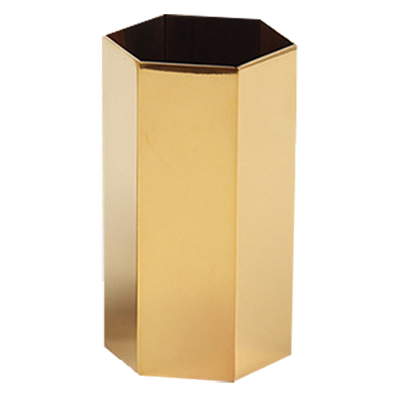 Six-sided Rhombus Pen Holder, Golden Vase, Stainless Steel Metal Table Top Decoration