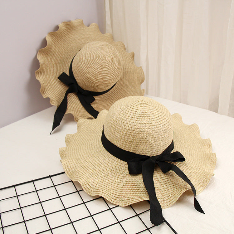 Parent-child Straw Hat, Bowknot, Wave, Big Brim Hat, Seaside Beach, Ladies Foldable Sun Hat