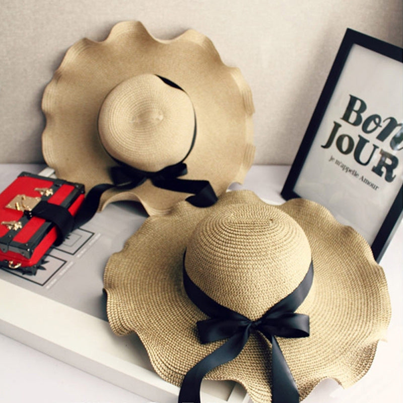 Parent-child Straw Hat, Bowknot, Wave, Big Brim Hat, Seaside Beach, Ladies Foldable Sun Hat