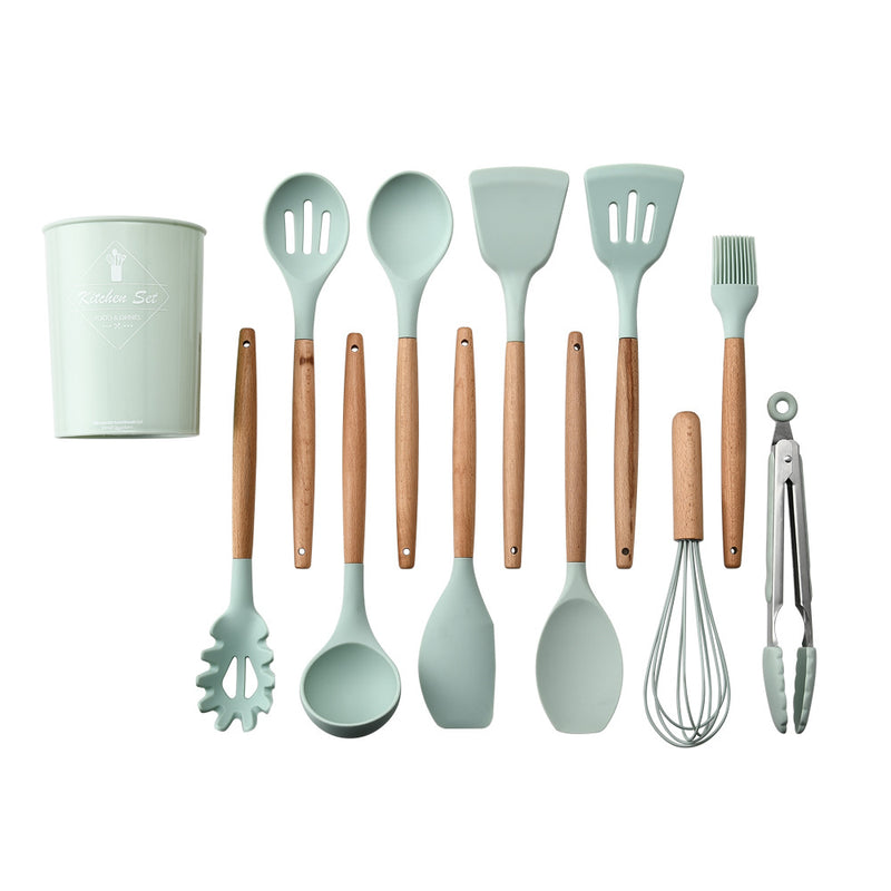 Non-Stick 11 Pcs Silicone Cooking Utensils Set with Wooden Handle