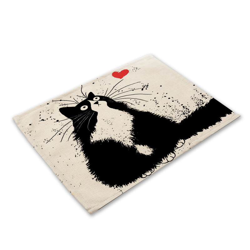 Black cat printed cotton and linen western placemat