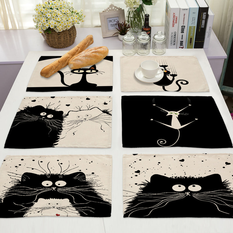 Black cat printed cotton and linen western placemat