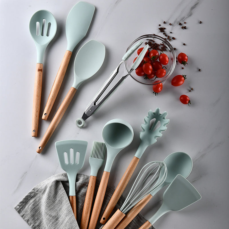 Non-Stick 11 Pcs Silicone Cooking Utensils Set with Wooden Handle