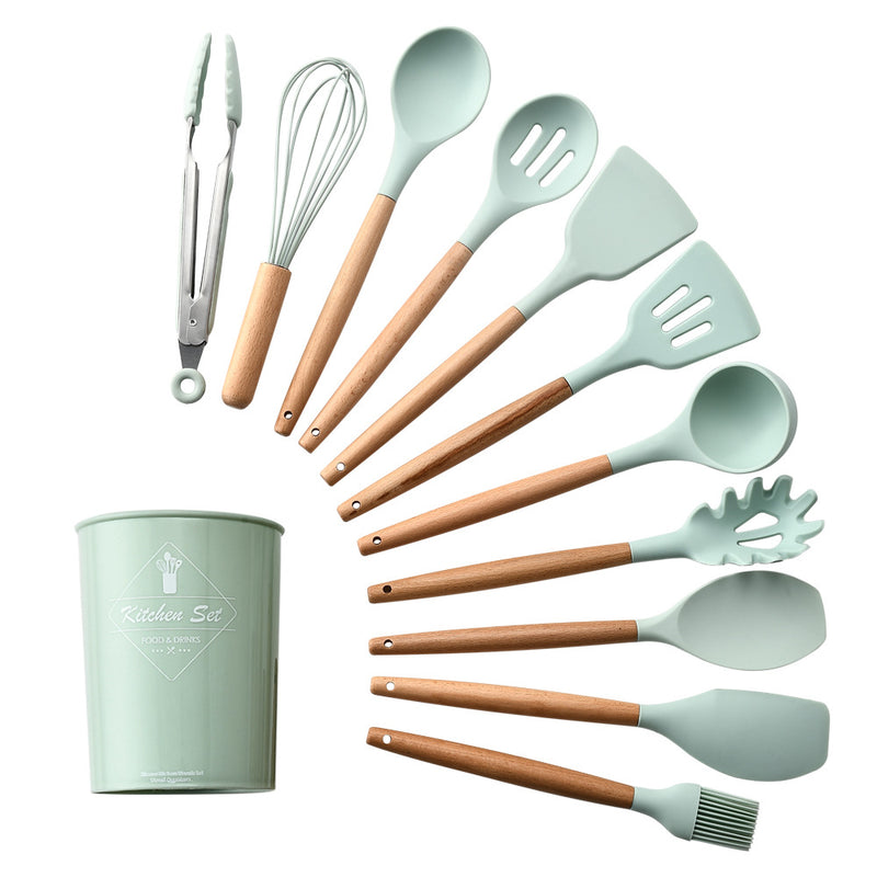 Non-Stick 11 Pcs Silicone Cooking Utensils Set with Wooden Handle