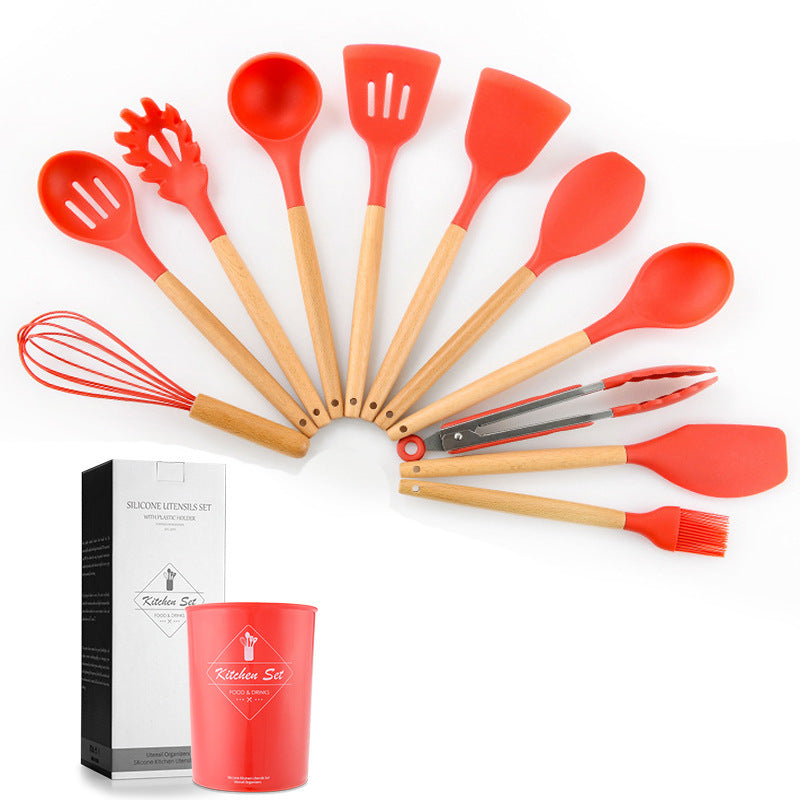 Non-Stick 11 Pcs Silicone Cooking Utensils Set with Wooden Handle