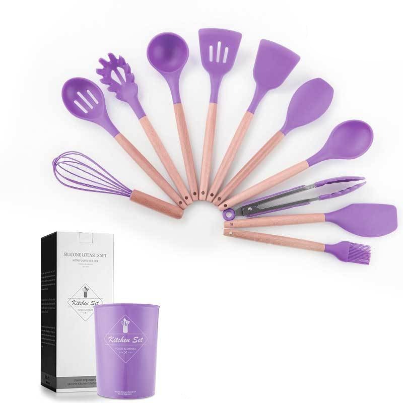 Non-Stick 11 Pcs Silicone Cooking Utensils Set with Wooden Handle