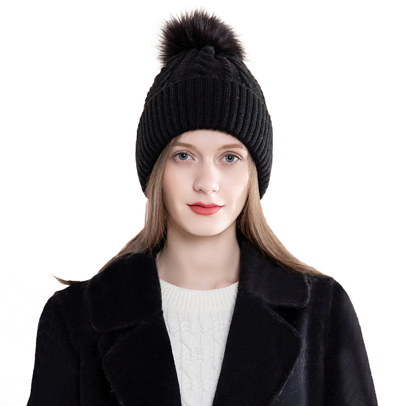 Women Knit Slouchy Hat with Faux Fur Pompom Winter Soft Warm Ski Cap