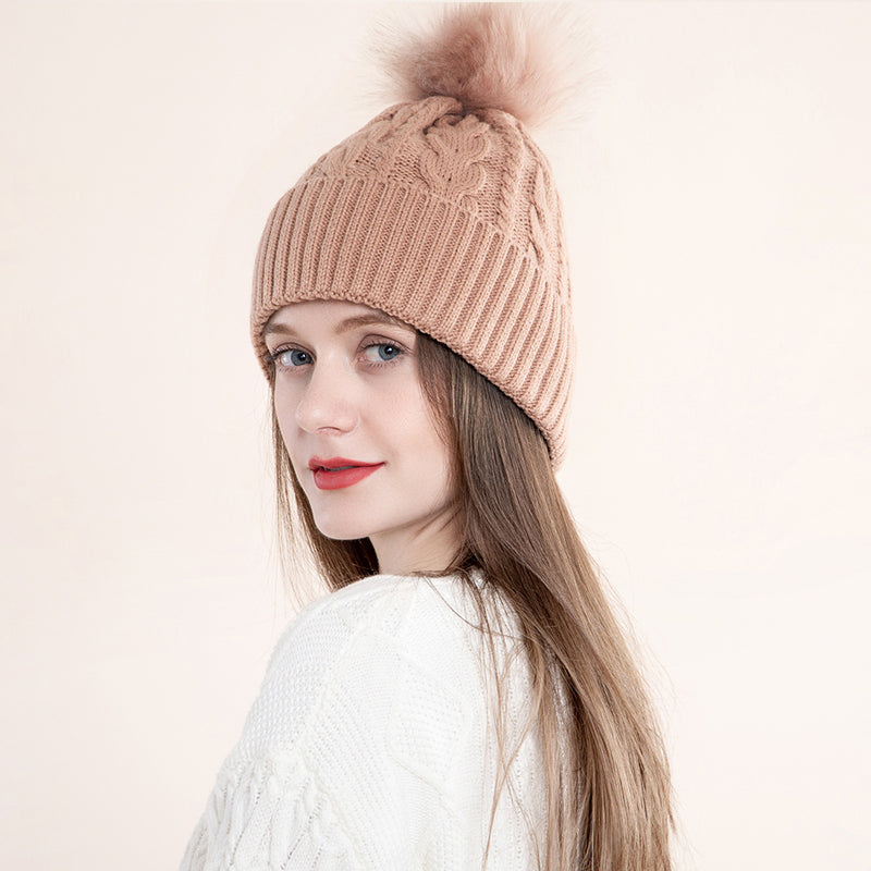 Women Knit Slouchy Hat with Faux Fur Pompom Winter Soft Warm Ski Cap