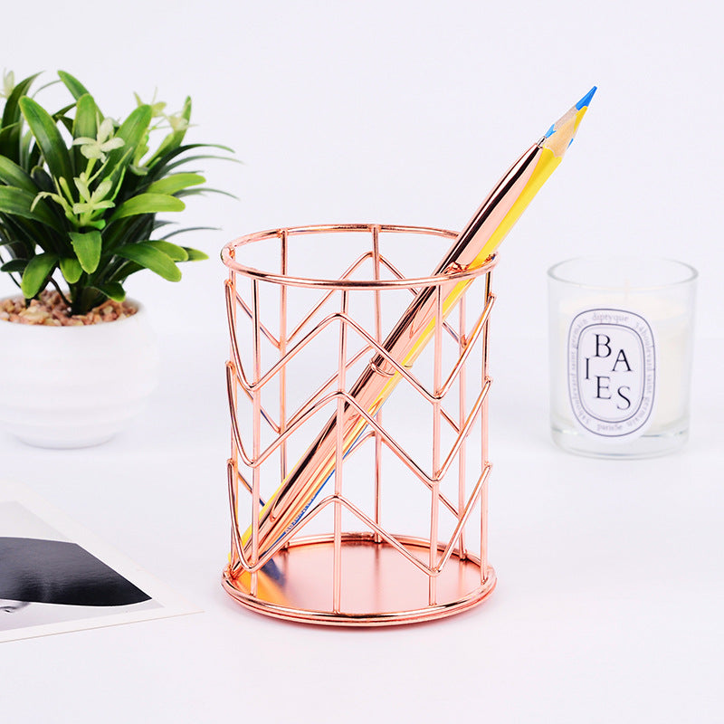 Golden Pen Holder Rose Gold Office Supplies Multifunctional Iron Art Pen Holder Makeup Brush Holder