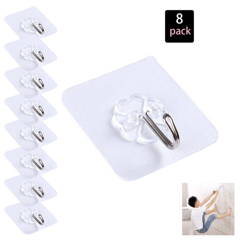 Wall Hooks Transparent Reusable Seamless Hooks,Waterproof and Oilproof,Bathroom Kitchen Heavy Duty Self Adhesive Hooks,8 Pack